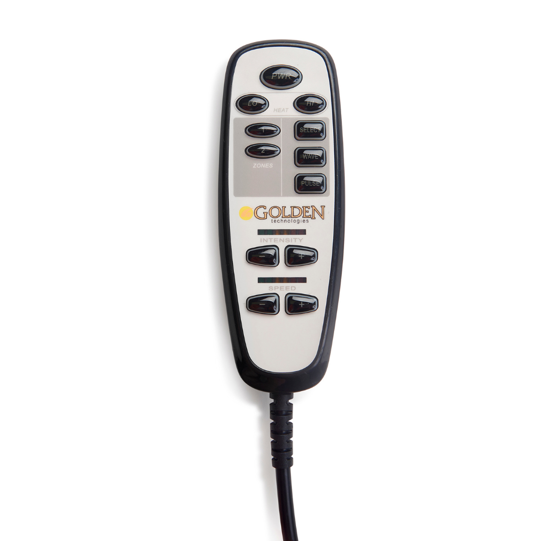 The Golden Technologies Lift Chair Remote Replacement is a black and white remote for a Power Lift Chair, featuring multiple buttons for heat and massage functions. It connects by a cord and prominently displays the brand name, ensuring comfort and ease of use.